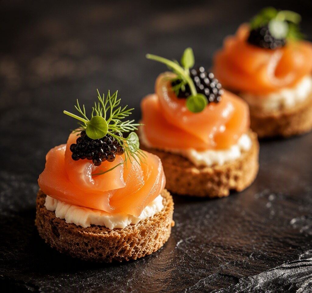 Row of elegant canapés with texture detail in warm side light — myCHEF Cape Town