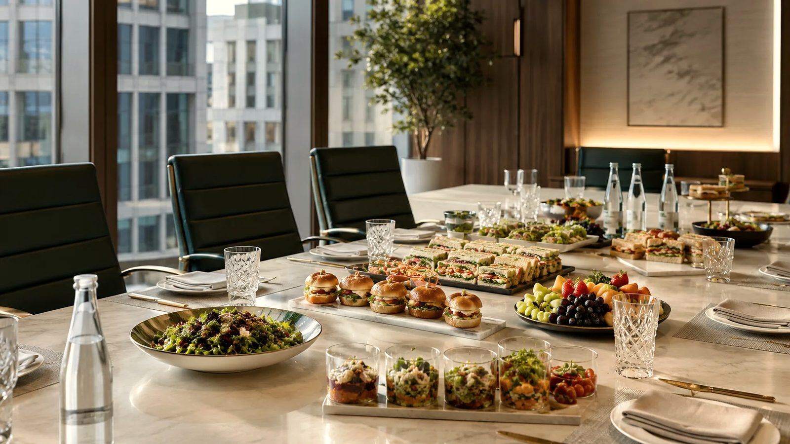 Catering platters laid out on a boardroom table in a Cape Town office