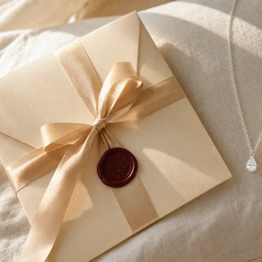 Elegant gift voucher envelope with wax seal on ivory linen