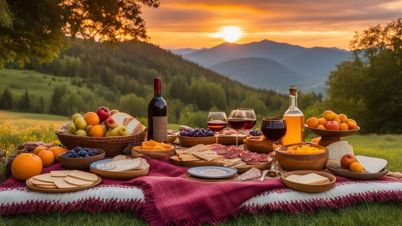 Outdoor food spread laid out on a garden lawn at sunset with Cape mountains behind