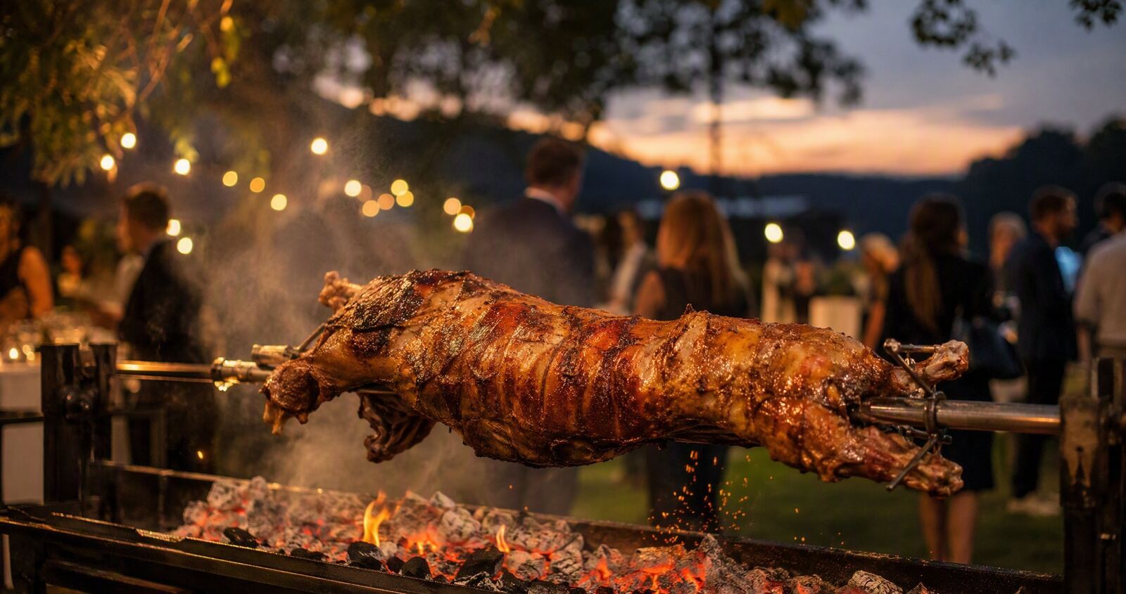 Guests gathering around a spit braai carving station at an outdoor event