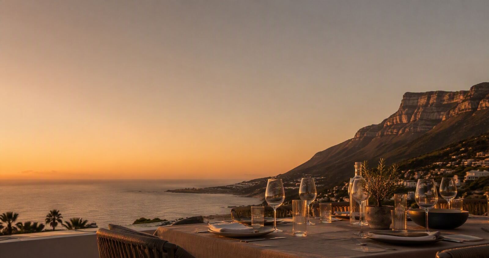 Private dinner table styled for sunset at a Camps Bay villa, sea horizon behind