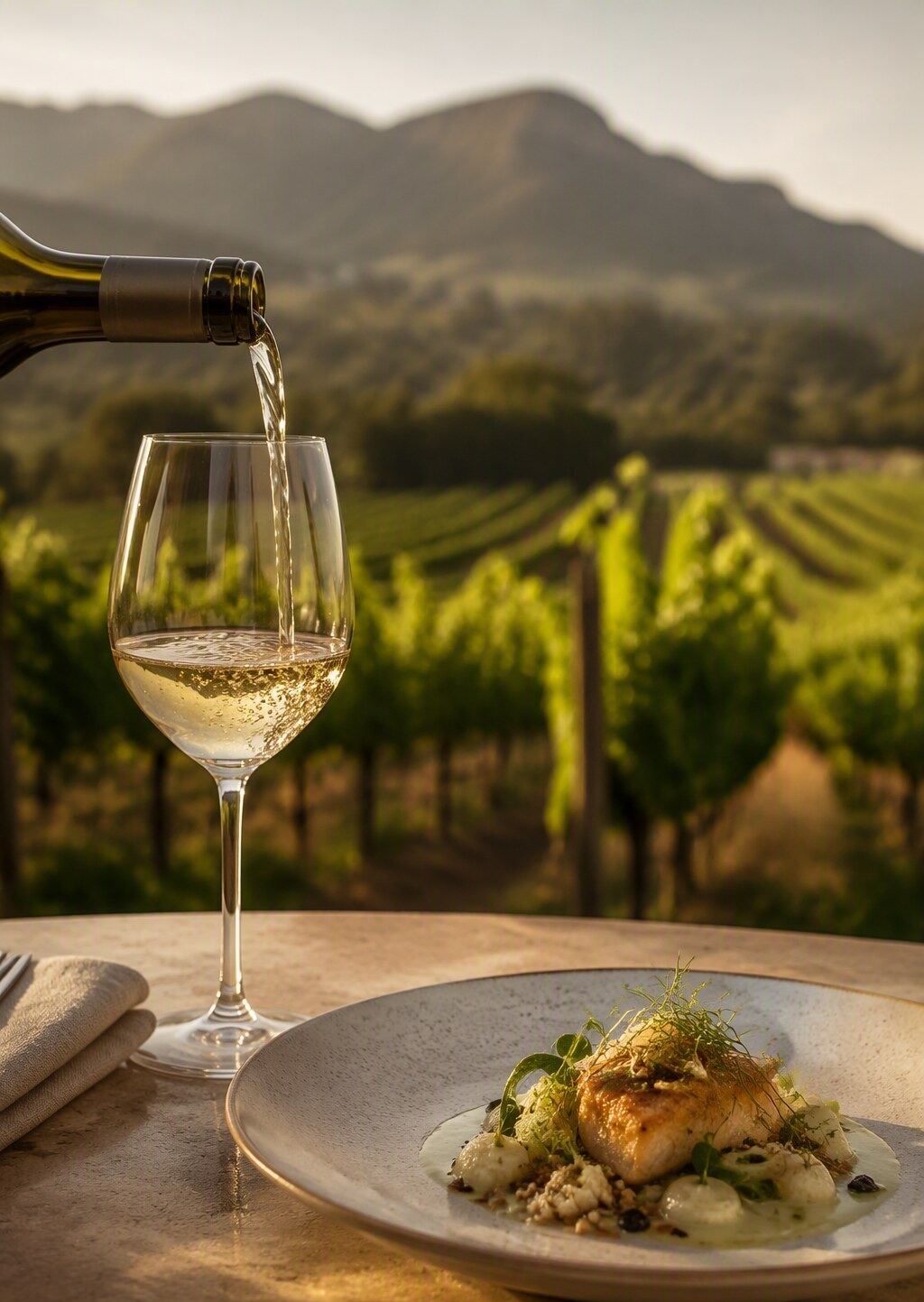 South African wine poured beside a paired course at a Constantia private dinner, vine rows behind